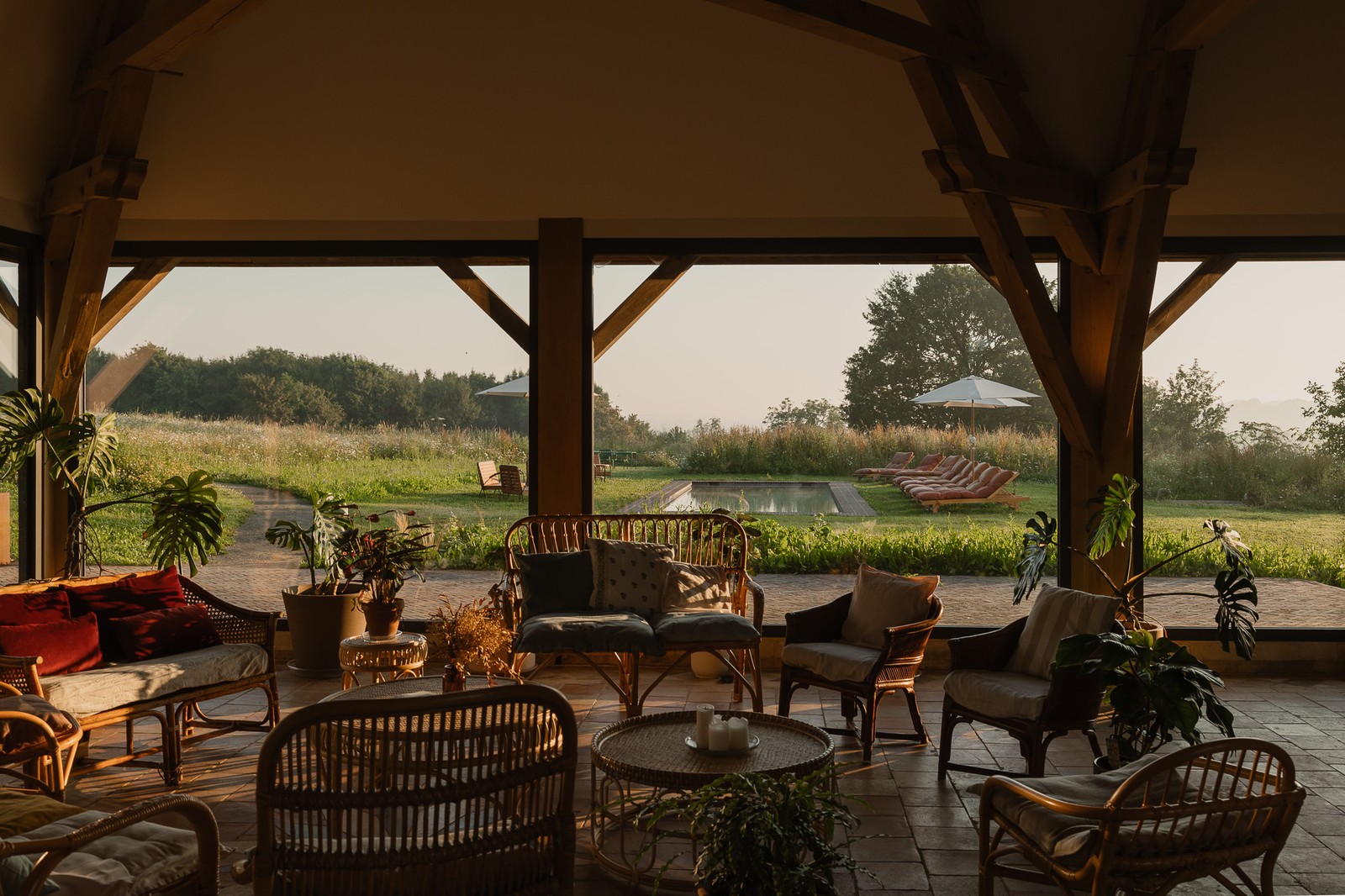The winter-garden lounge in golden light